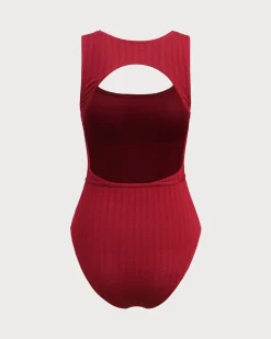 Wine Red Cut Out One-Piece Swimsuit