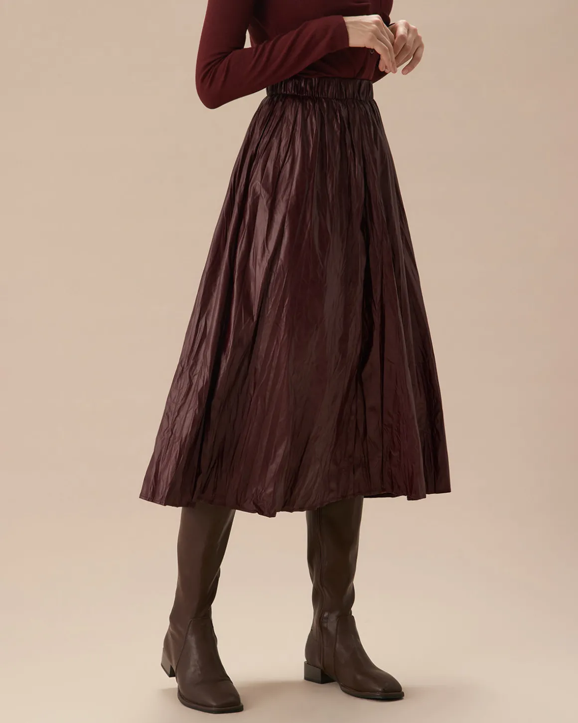 Wine Red Elastic Waist Ruched Midi Skirt