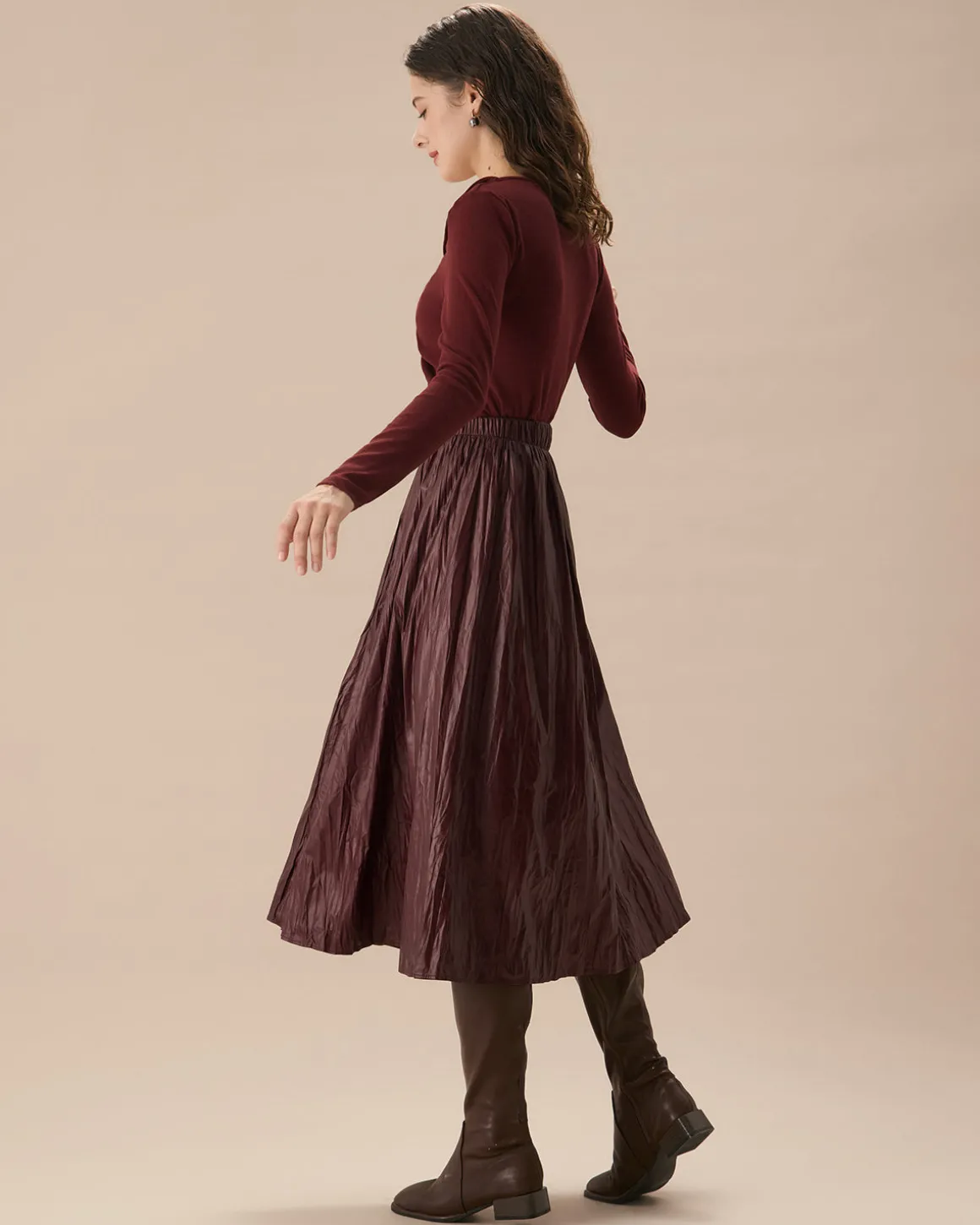 Wine Red Elastic Waist Ruched Midi Skirt