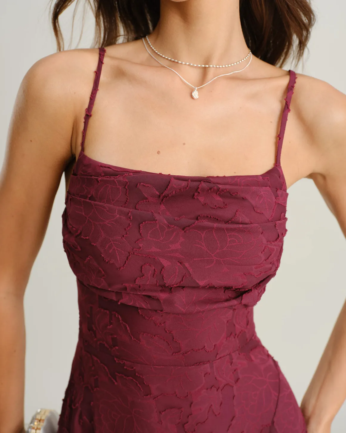 Wine Red Jacquard Slip Maxi Dress