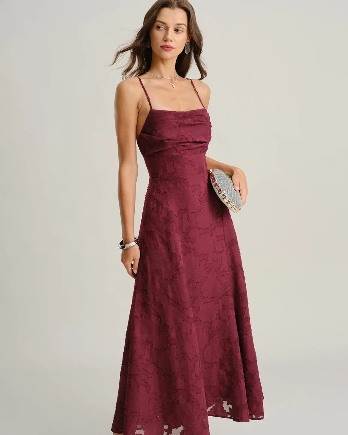 Wine Red Jacquard Slip Maxi Dress