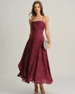 Wine Red Jacquard Slip Maxi Dress