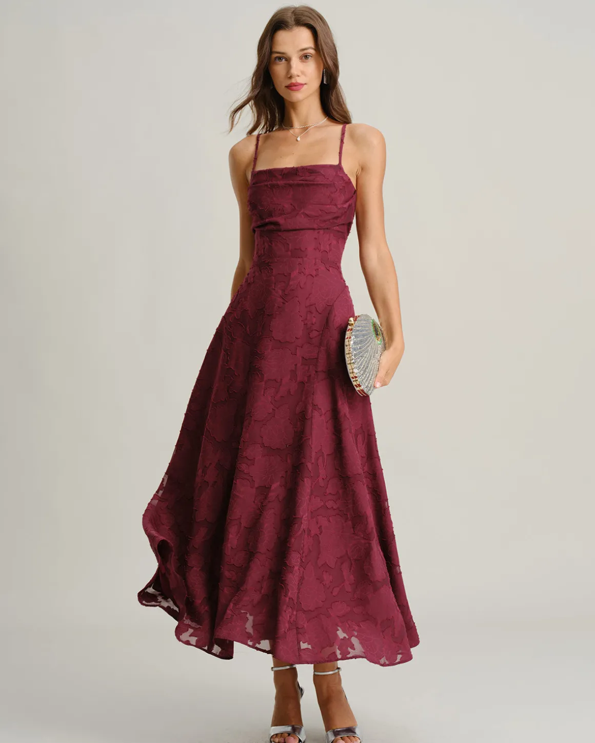 Wine Red Jacquard Slip Maxi Dress
