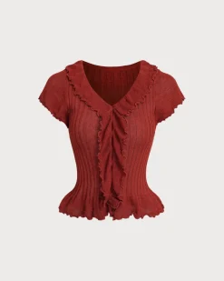 Wine Red Ruffle Button Cardigan