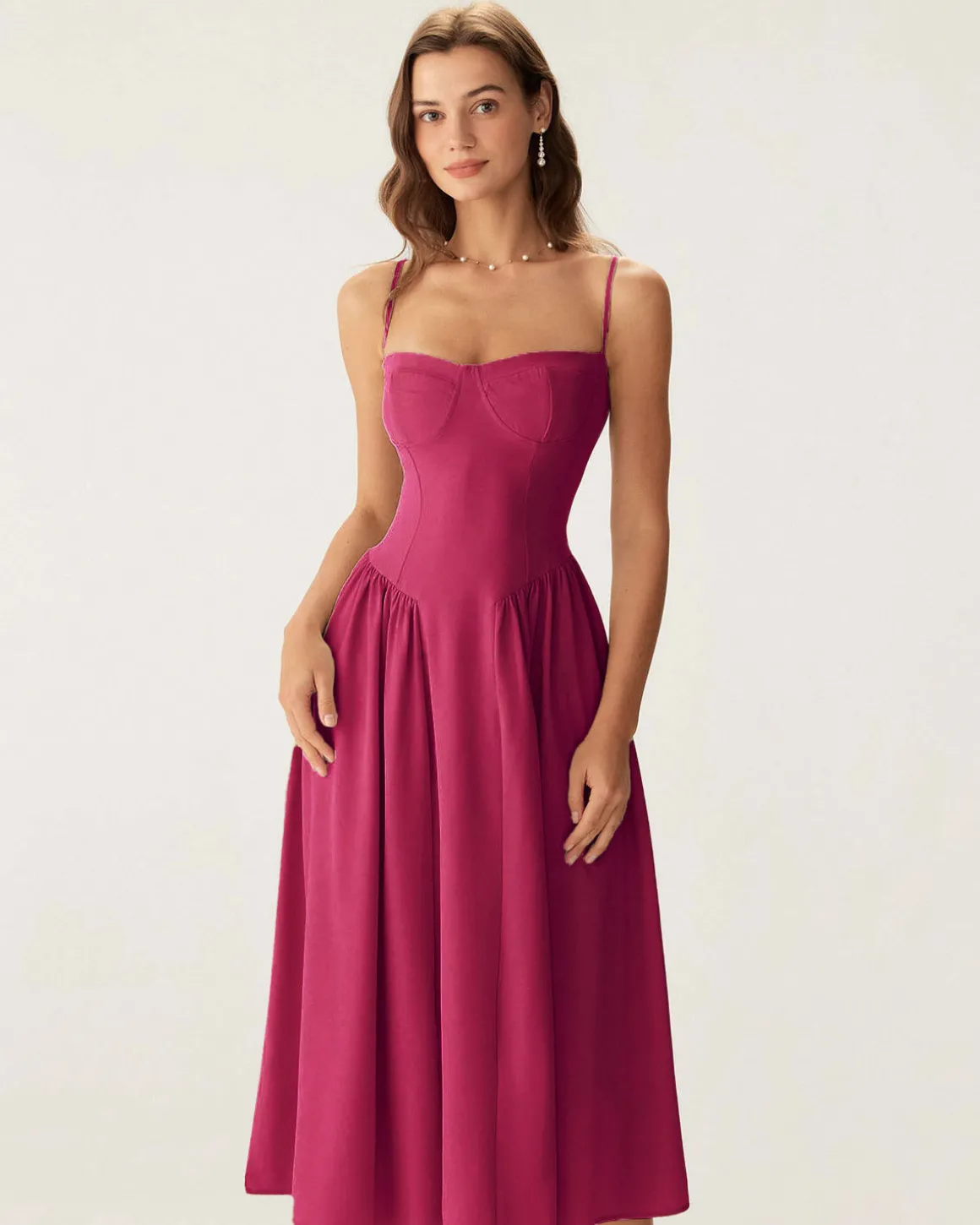 Wine Red Square Neck Pocket Slip Midi Dress