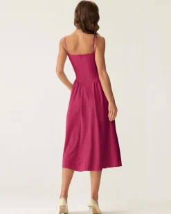 Wine Red Square Neck Pocket Slip Midi Dress