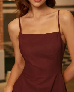 Wine Red Square Neck Shirred Slip Midi Dress