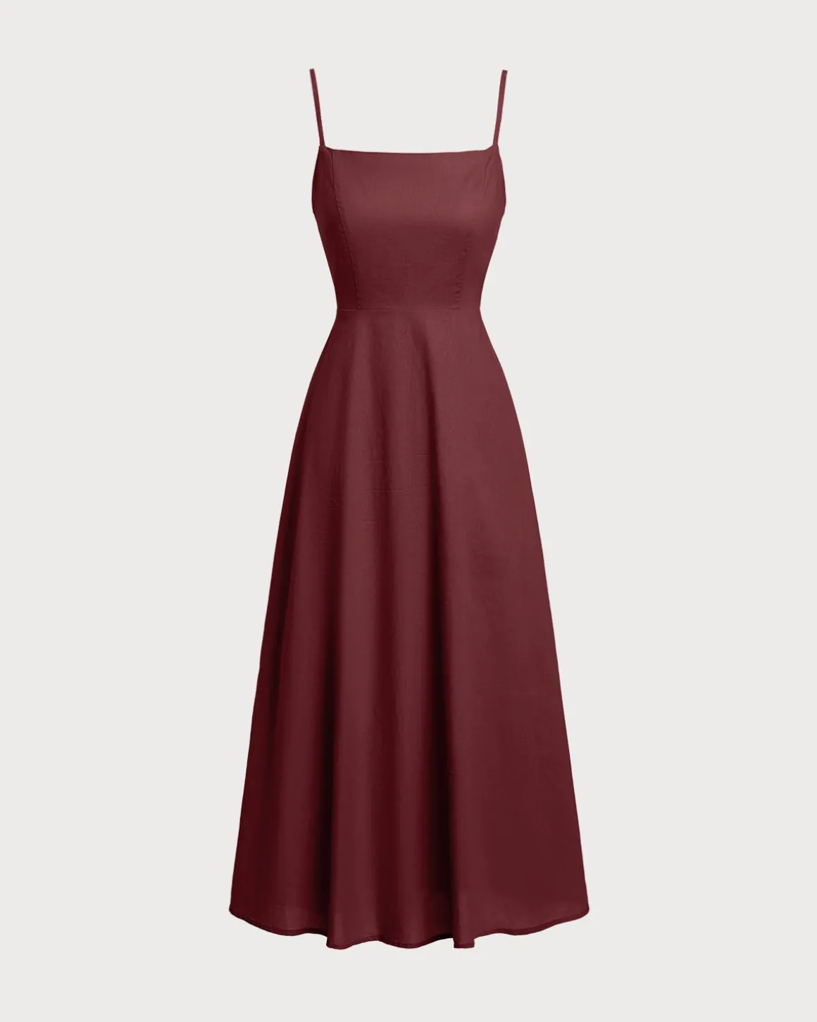 Wine Red Square Neck Shirred Slip Midi Dress