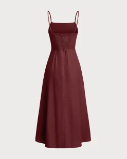 Wine Red Square Neck Shirred Slip Midi Dress