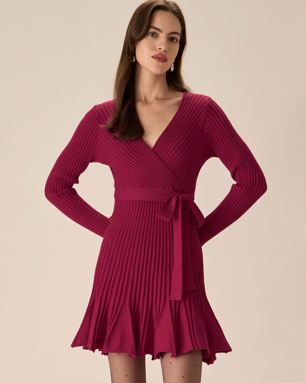 Wine Red Wrap Sweater Mini Dress