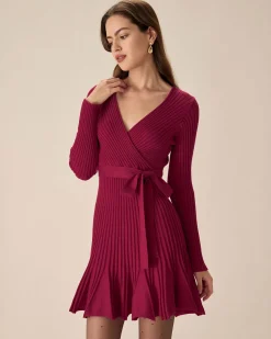 Wine Red Wrap Sweater Mini Dress