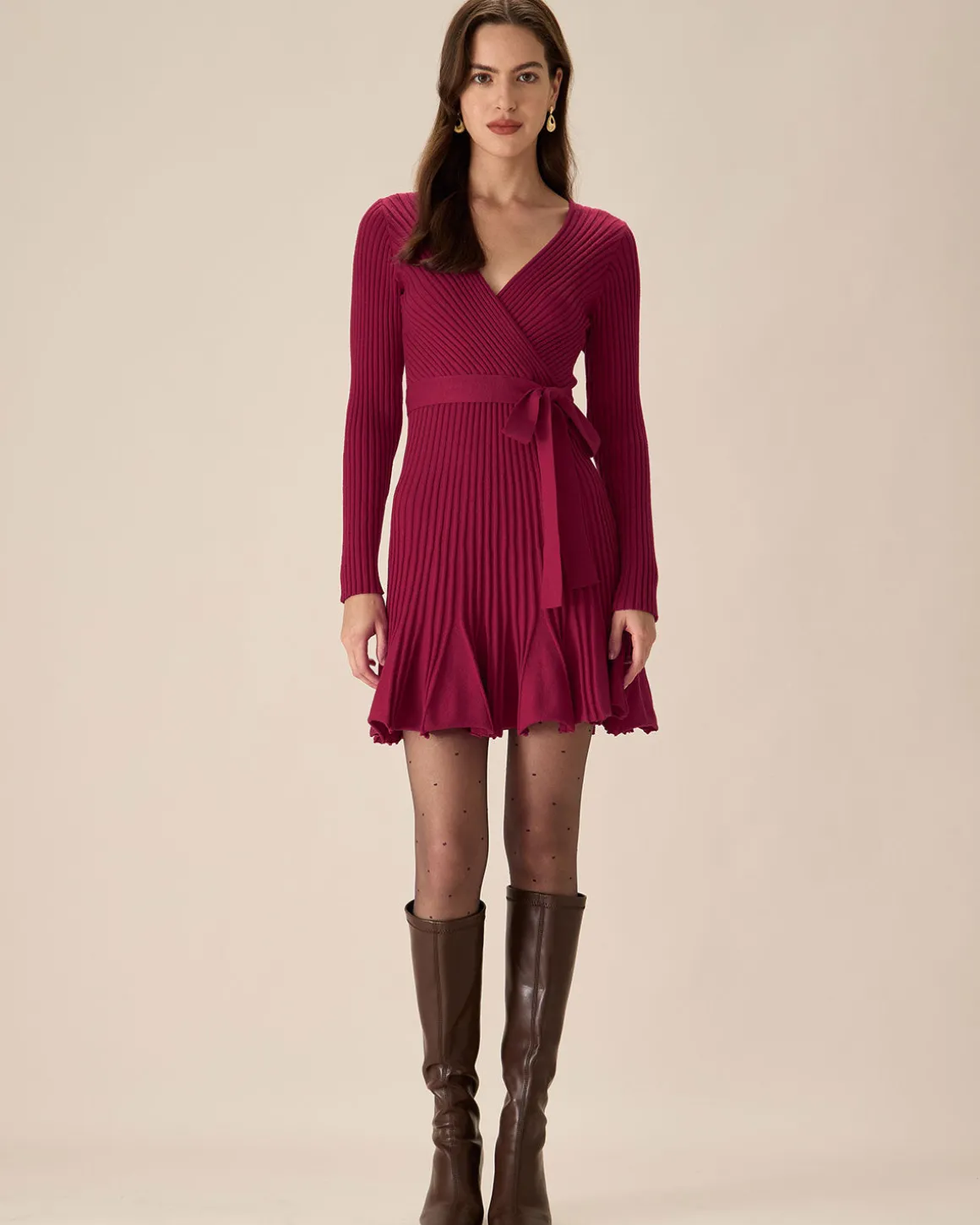 Wine Red Wrap Sweater Mini Dress