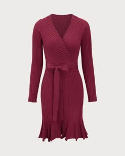 Wine Red Wrap Sweater Mini Dress