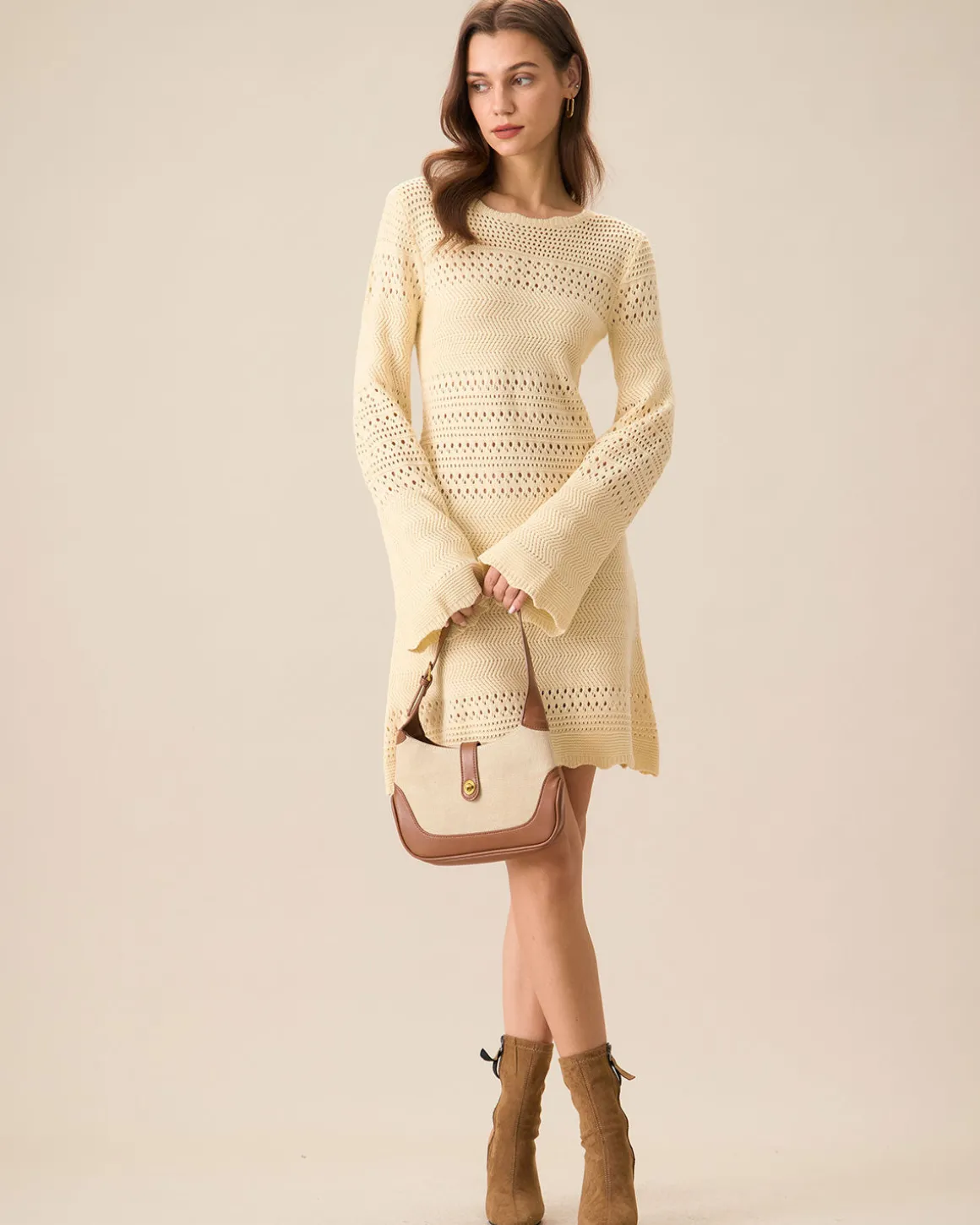 Women's Apricot Cutout Knitted Sweater Dress