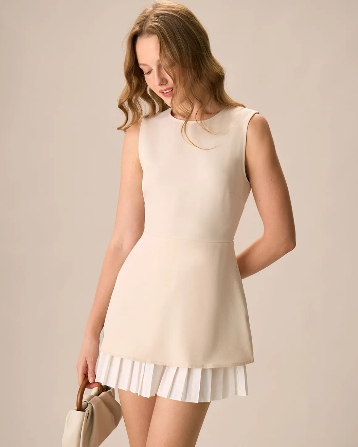 Women's Apricot Splicing Pleated Mini Dress