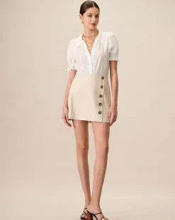 Women's Beige High-Waisted Cotton Button Mini Skirt