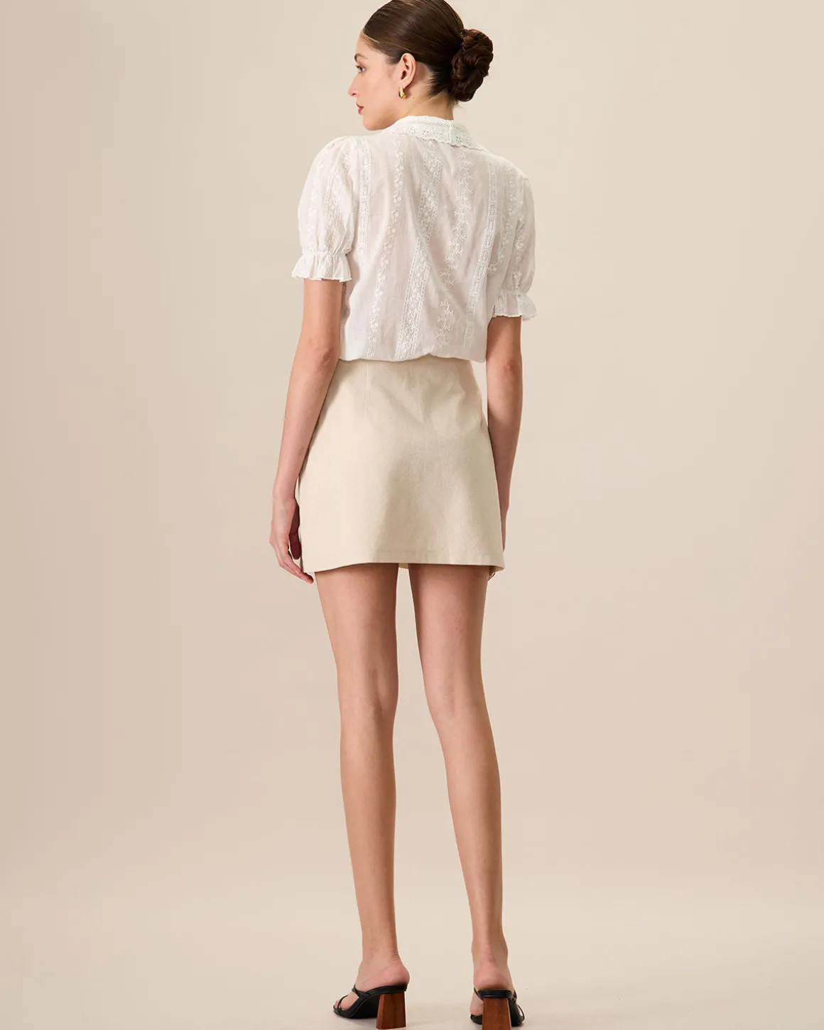 Women's Beige High-Waisted Cotton Button Mini Skirt