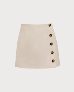 Women's Beige High-Waisted Cotton Button Mini Skirt