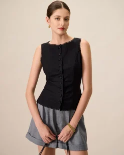 Women's Black Boat Neck Cotton Linen Vest