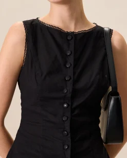 Women's Black Boat Neck Cotton Linen Vest