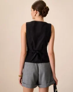 Women's Black Boat Neck Cotton Linen Vest