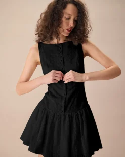 Women's Black Boat Neck Jacquard Cotton Mini Dress