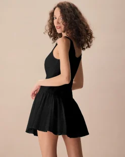 Women's Black Boat Neck Jacquard Cotton Mini Dress