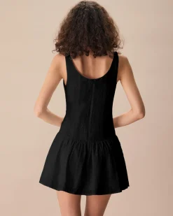 Women's Black Boat Neck Jacquard Cotton Mini Dress