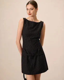 Women's Black Boat Neck Striped Mini Dress
