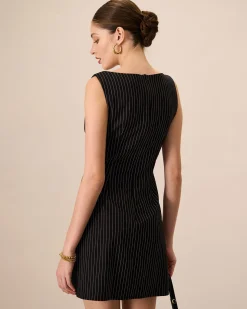 Women's Black Boat Neck Striped Mini Dress