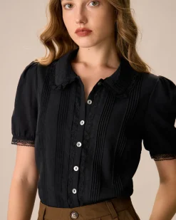 Women's Black Chelsea Collar Lace Trim Cotton Blouse