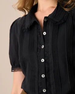Women's Black Chelsea Collar Lace Trim Cotton Blouse