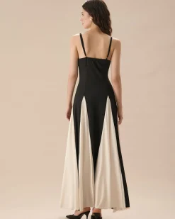 Women's Black Contrasting Pleated Slip Maxi Dress