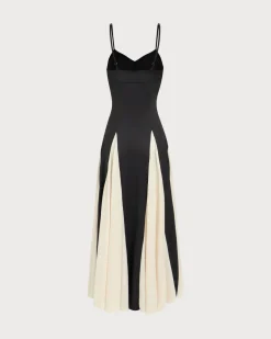 Women's Black Contrasting Pleated Slip Maxi Dress