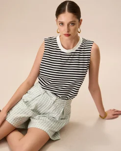 Women's Black Crew Neck Cotton Striped Tank Top