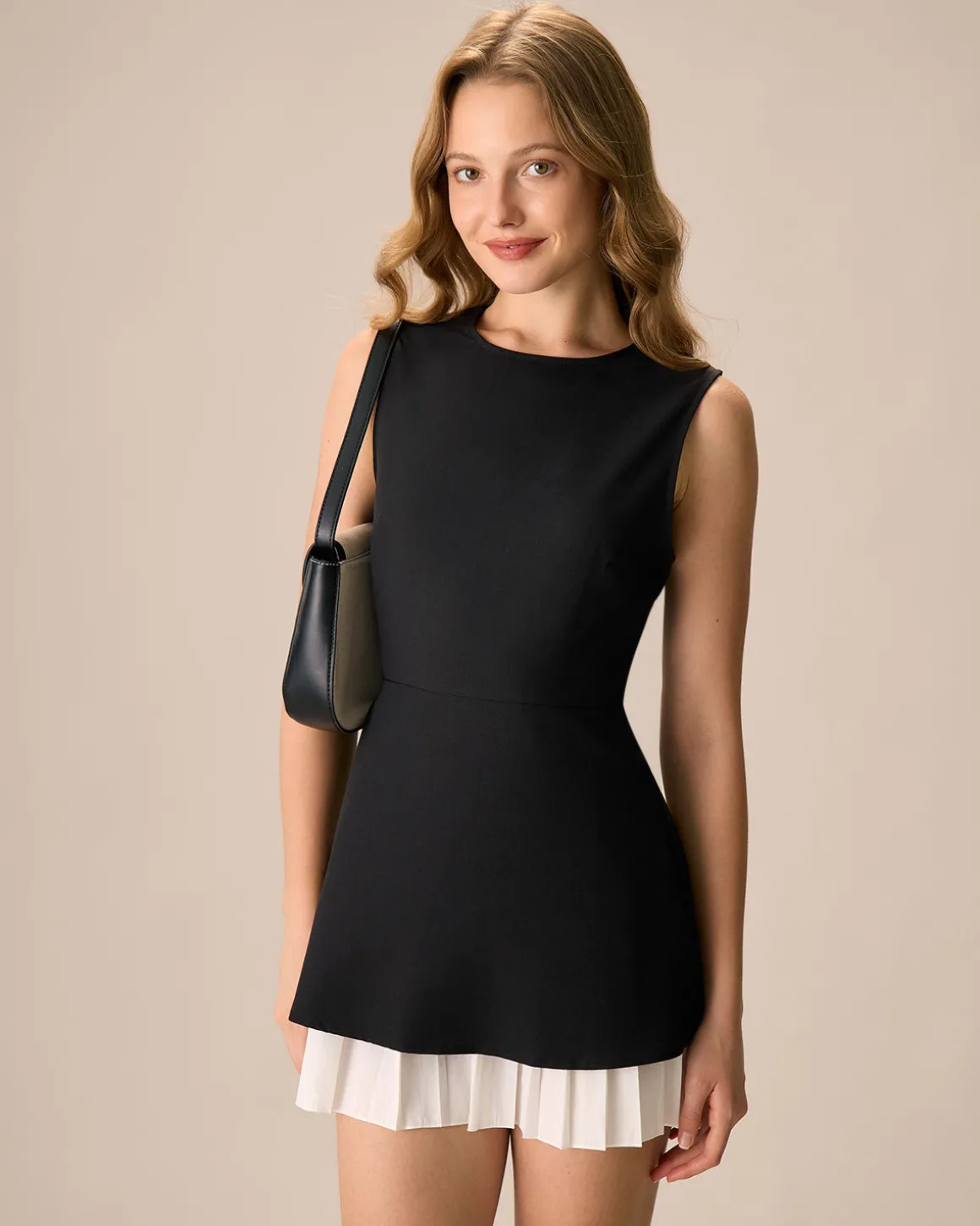 Women's Black Splicing Pleated Mini Dress