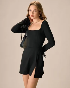 Women's Black Square Neck Long Sleeve Mini Dress