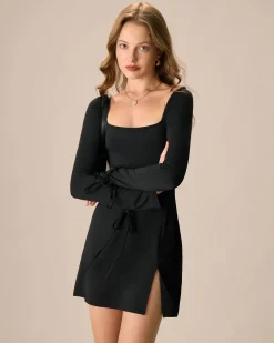 Women's Black Square Neck Long Sleeve Mini Dress