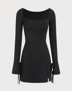 Women's Black Square Neck Long Sleeve Mini Dress