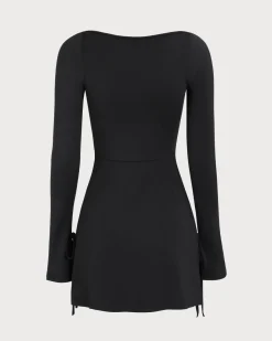 Women's Black Square Neck Long Sleeve Mini Dress