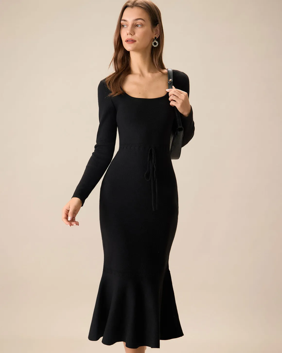 Women's Black Square Neck Mermaid Sweater Maxi Dress