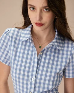 Women's Blue Plaid Lapel Cotton Mini Dress
