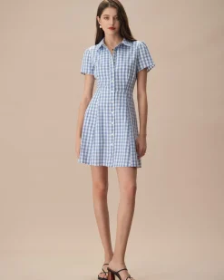 Women's Blue Plaid Lapel Cotton Mini Dress
