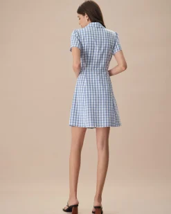 Women's Blue Plaid Lapel Cotton Mini Dress