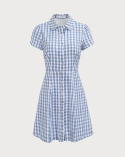 Women's Blue Plaid Lapel Cotton Mini Dress