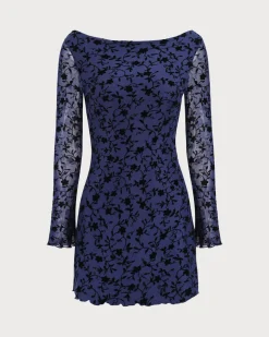 Women's Blue See-through Long Sleeve Mini Dress