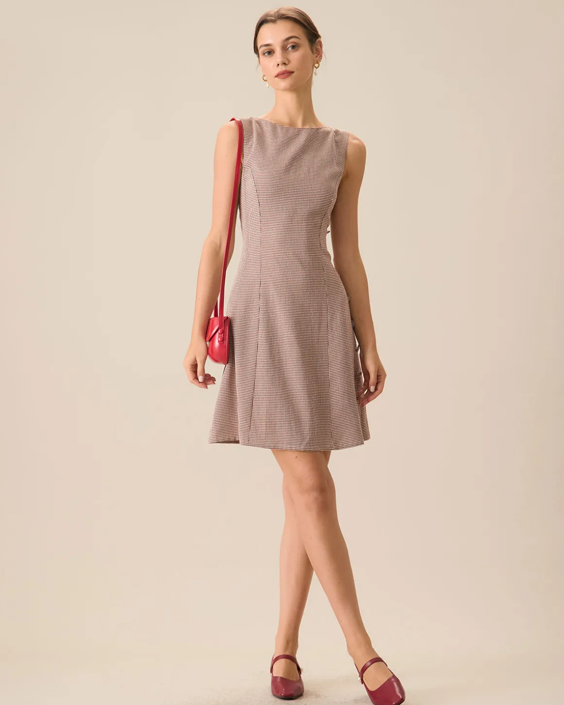 Women's Boat Neck Brown Plaid Mini Dress