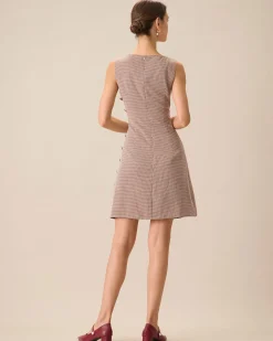 Women's Boat Neck Brown Plaid Mini Dress