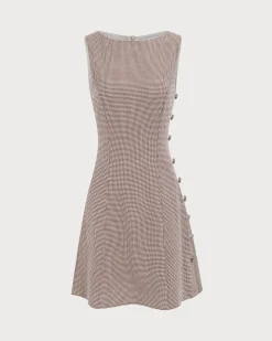 Women's Boat Neck Brown Plaid Mini Dress