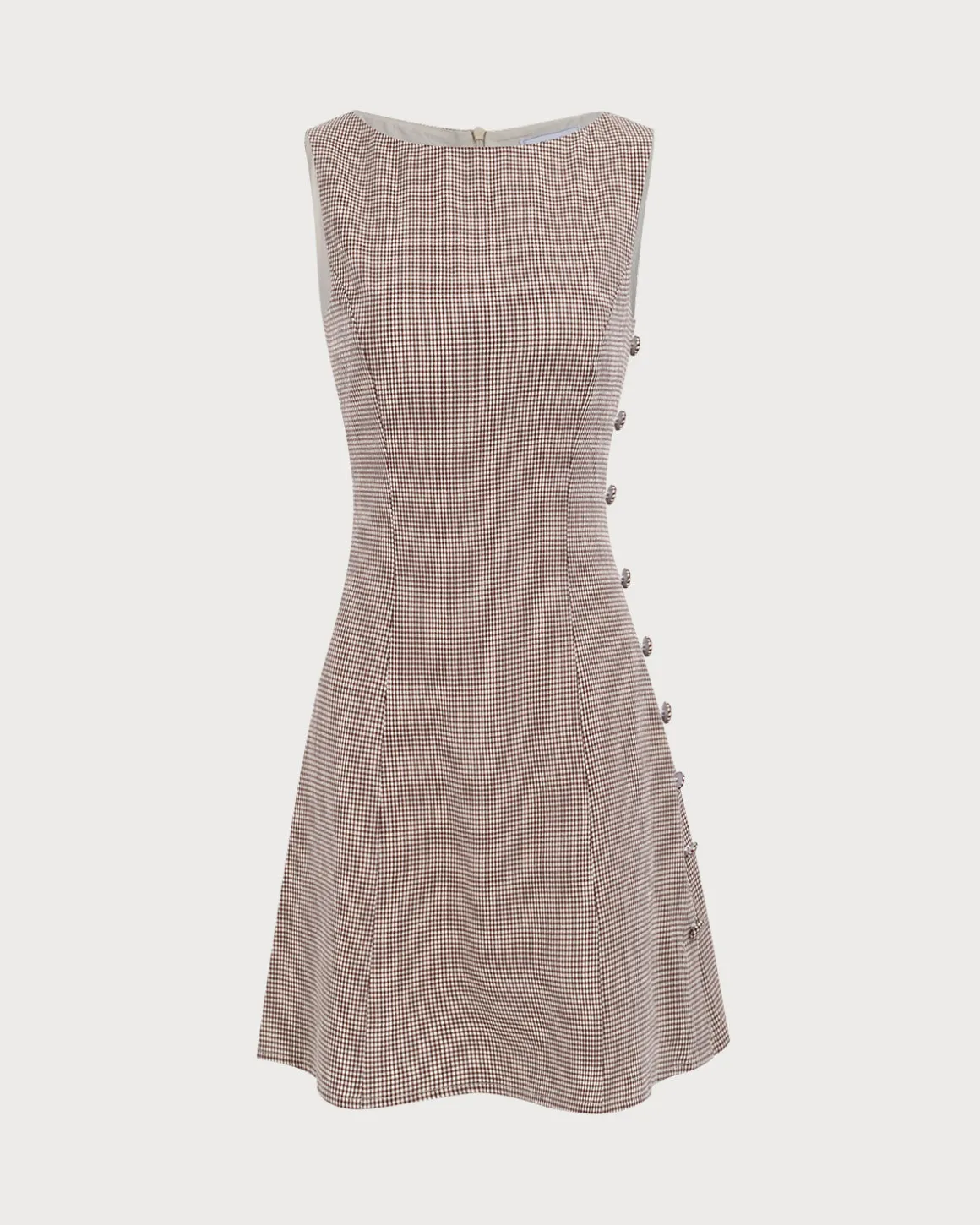Women's Boat Neck Brown Plaid Mini Dress